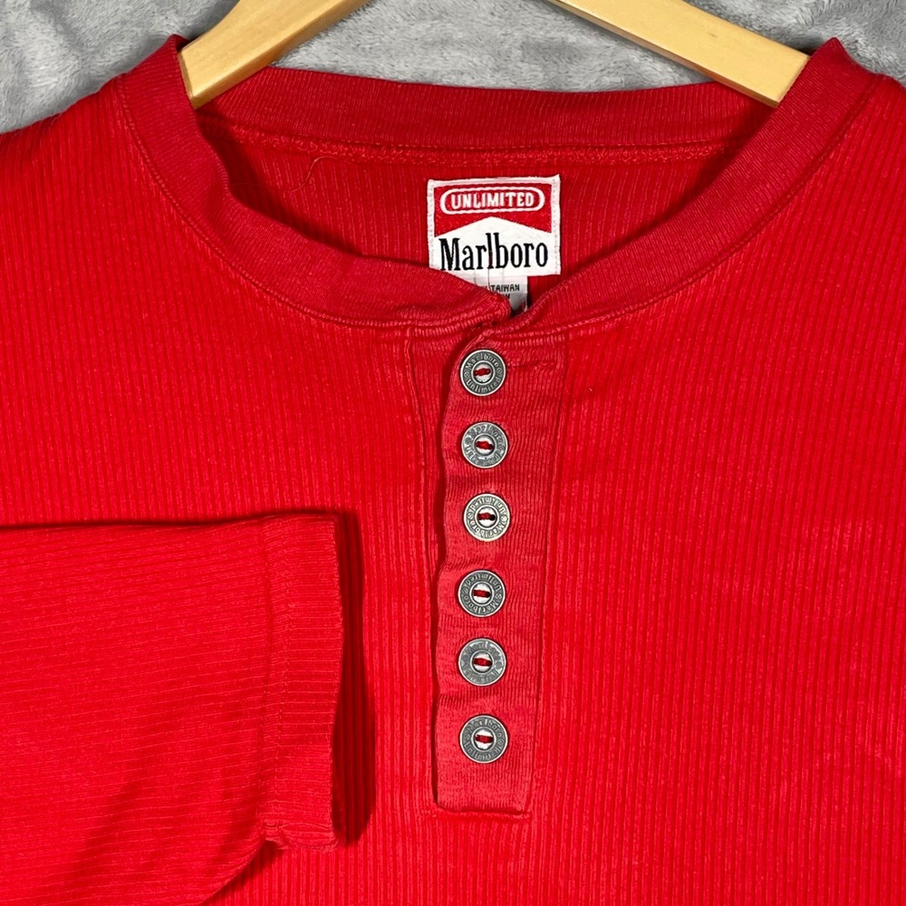 Vintage Marlboro Unlimited Red Ribbed Henley Long Sleeve Shirt Mens Large 90s